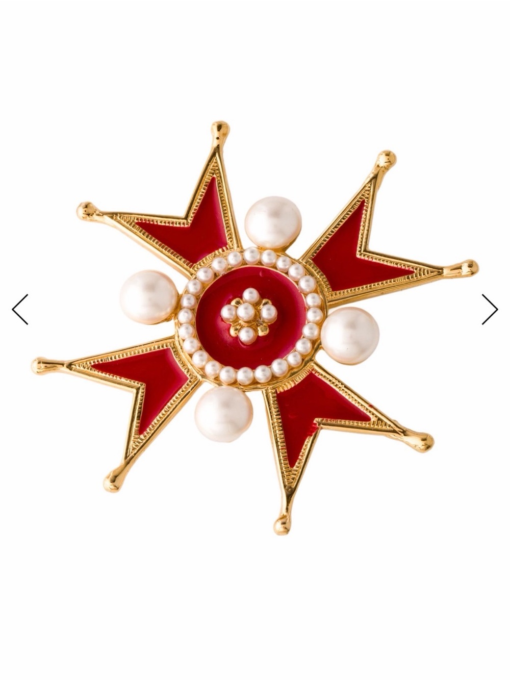 Chanel vintage Red Enamel Pearl Maltese Cross Brooch golden plated